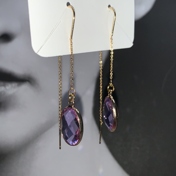 GradeA June Light Alexandrite 18mm Gold Plated Oval Crystal Pendant Drop Earring - Picture 12 of 17